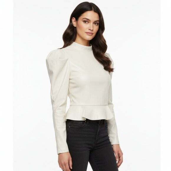 Express Faux Leather Top Size XS Ivory Mock Neck Puff Sleeve Peplum Punk - Picture 1 of 5